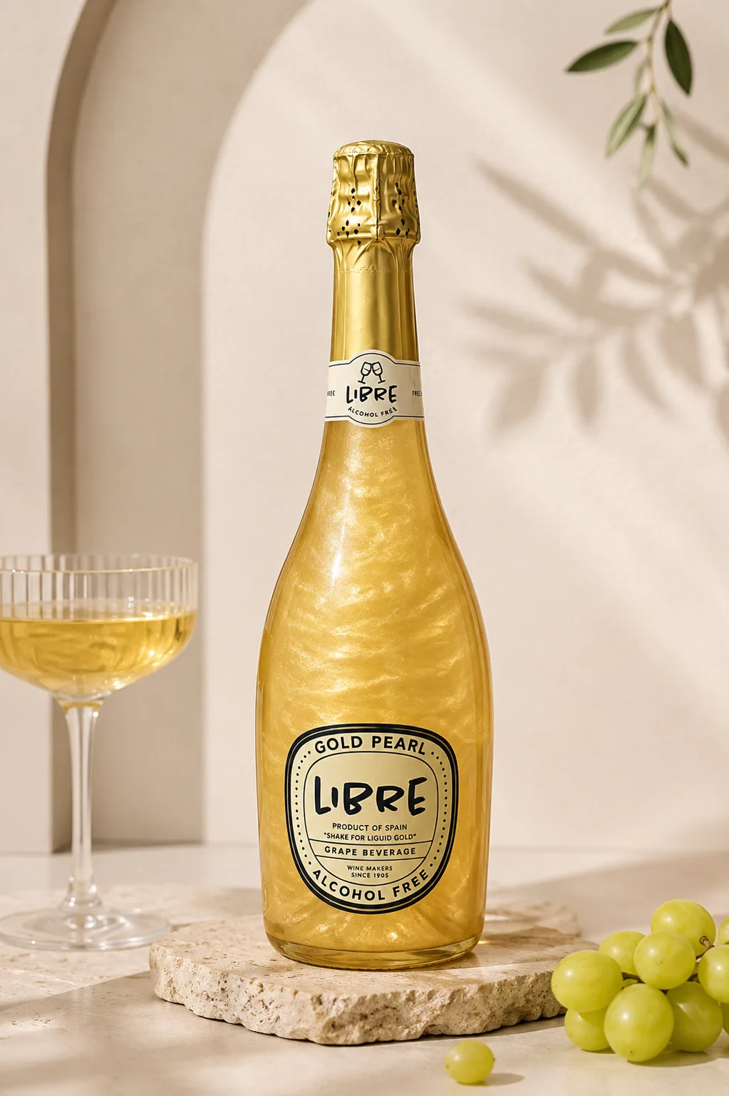 LIBRE Gold Pearl on a stone plinth with a coupe glass and grapes.