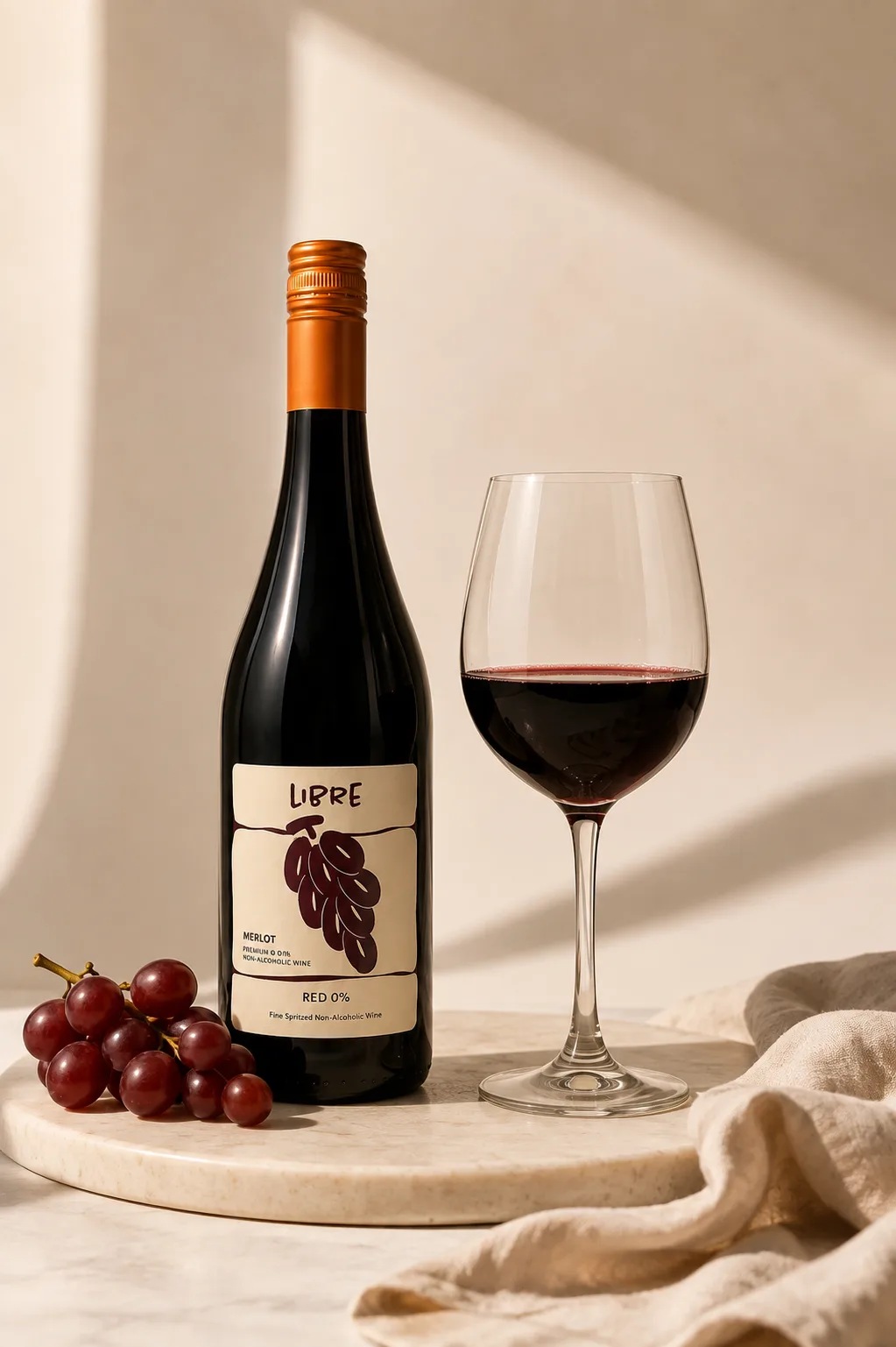 A poured glass of LIBRE Merlot beside the bottle, grapes on a marble board.
