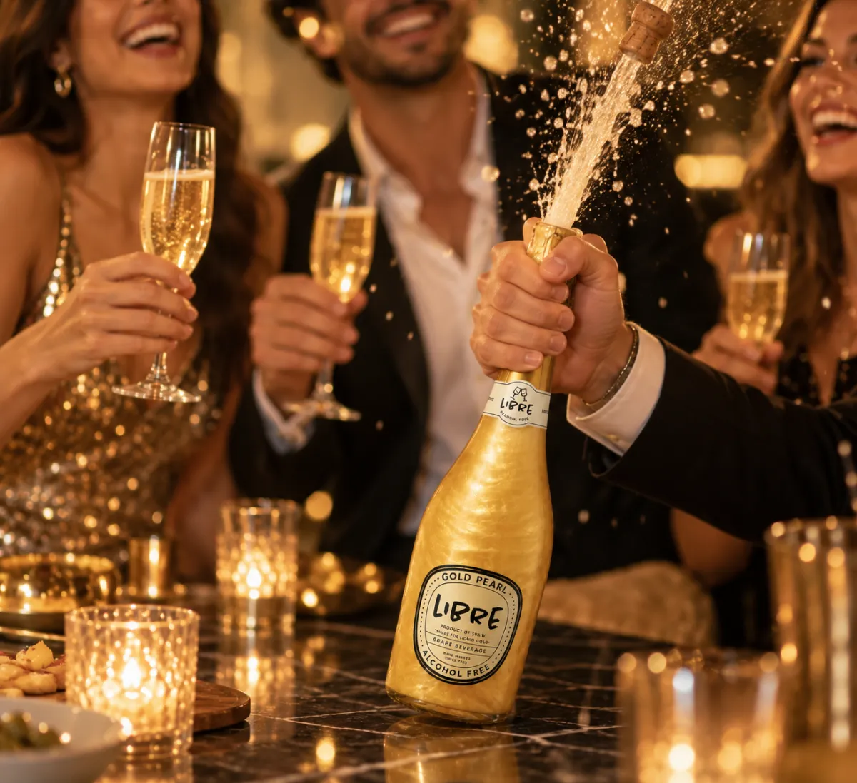 A bottle opening in a spray of gold light among people raising flutes