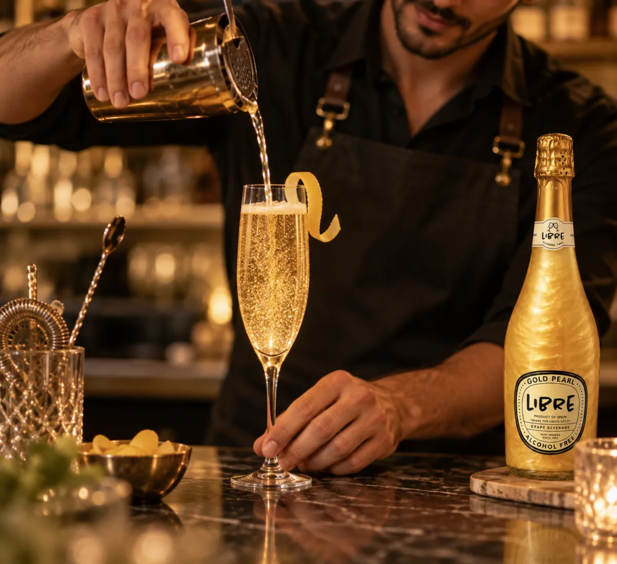 A bartender pouring a golden sparkling drink into a flute