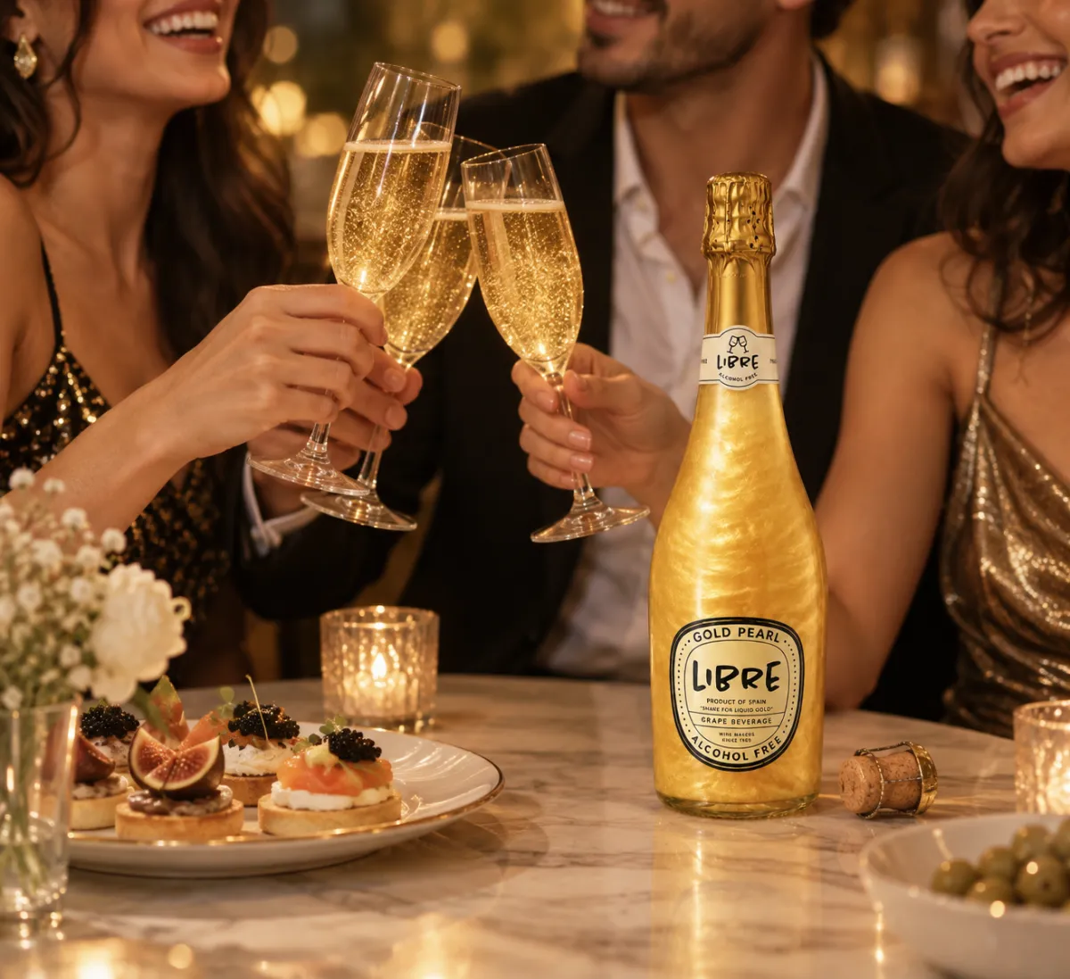 Three people touching glasses over a table of canapés by candlelight