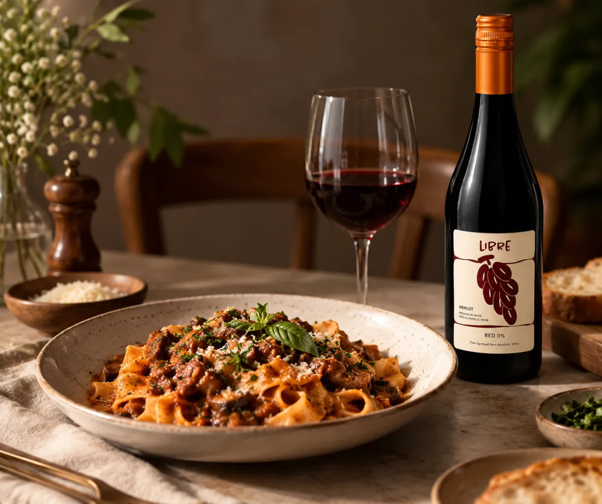 A bowl of pappardelle in a rich ragù, beside a poured glass of red