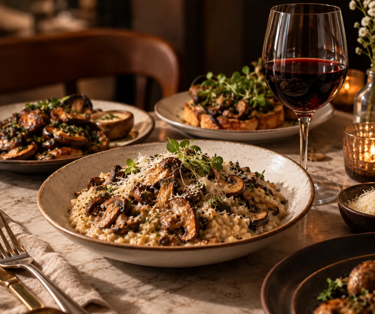 Mushroom risotto and roasted mushrooms laid across a lit table