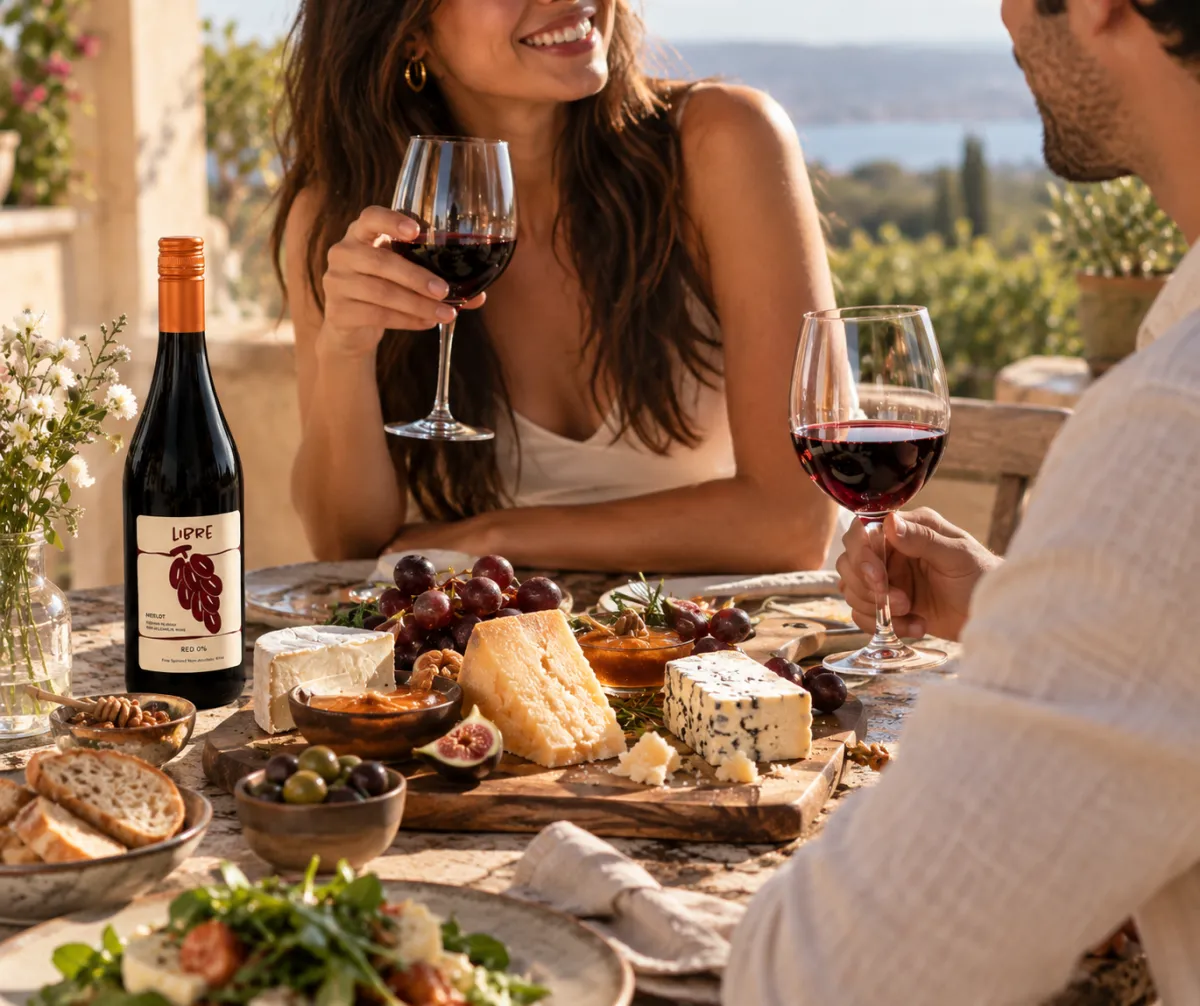 A cheese board with grapes, figs and olives shared on a sunlit terrace