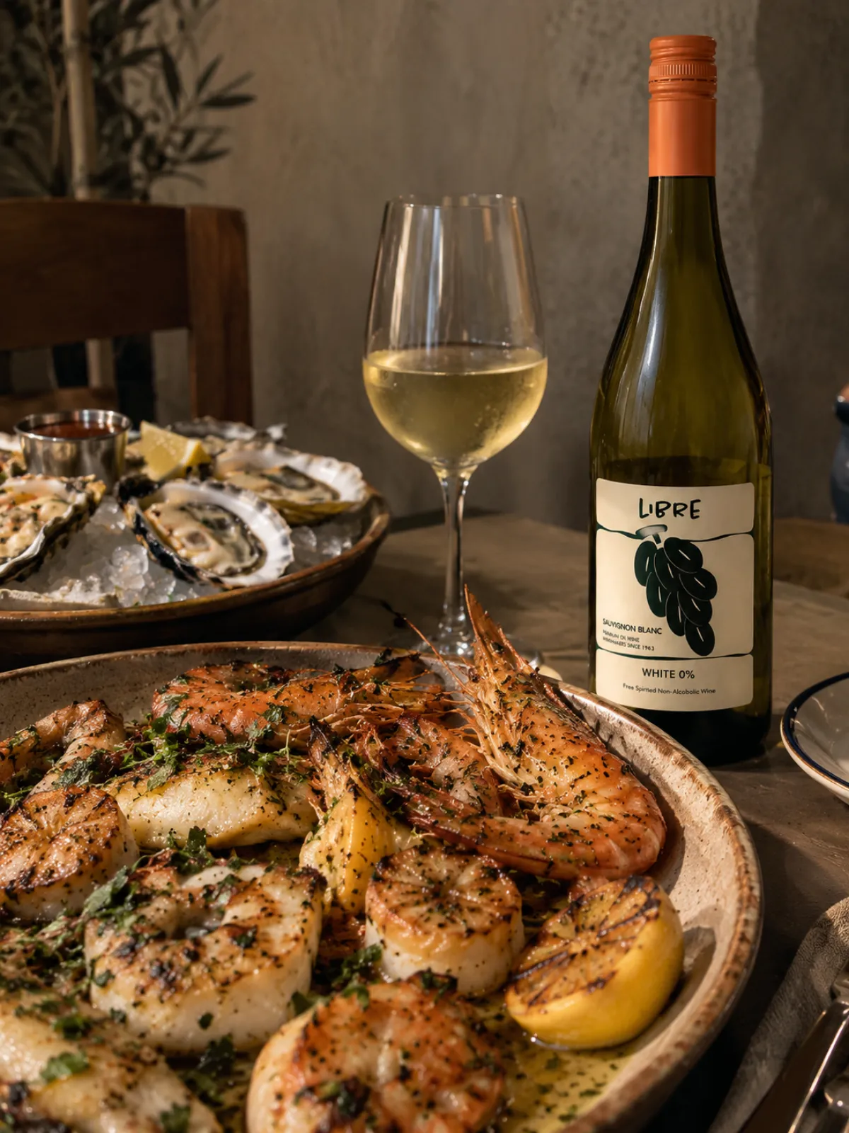 Grilled prawns and scallops with charred lemon, oysters on ice behind