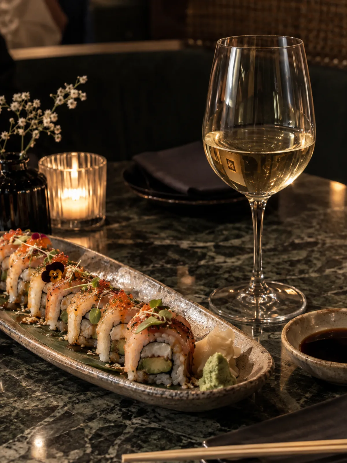 A long plate of sushi rolls with wasabi and soy, beside a glass of white