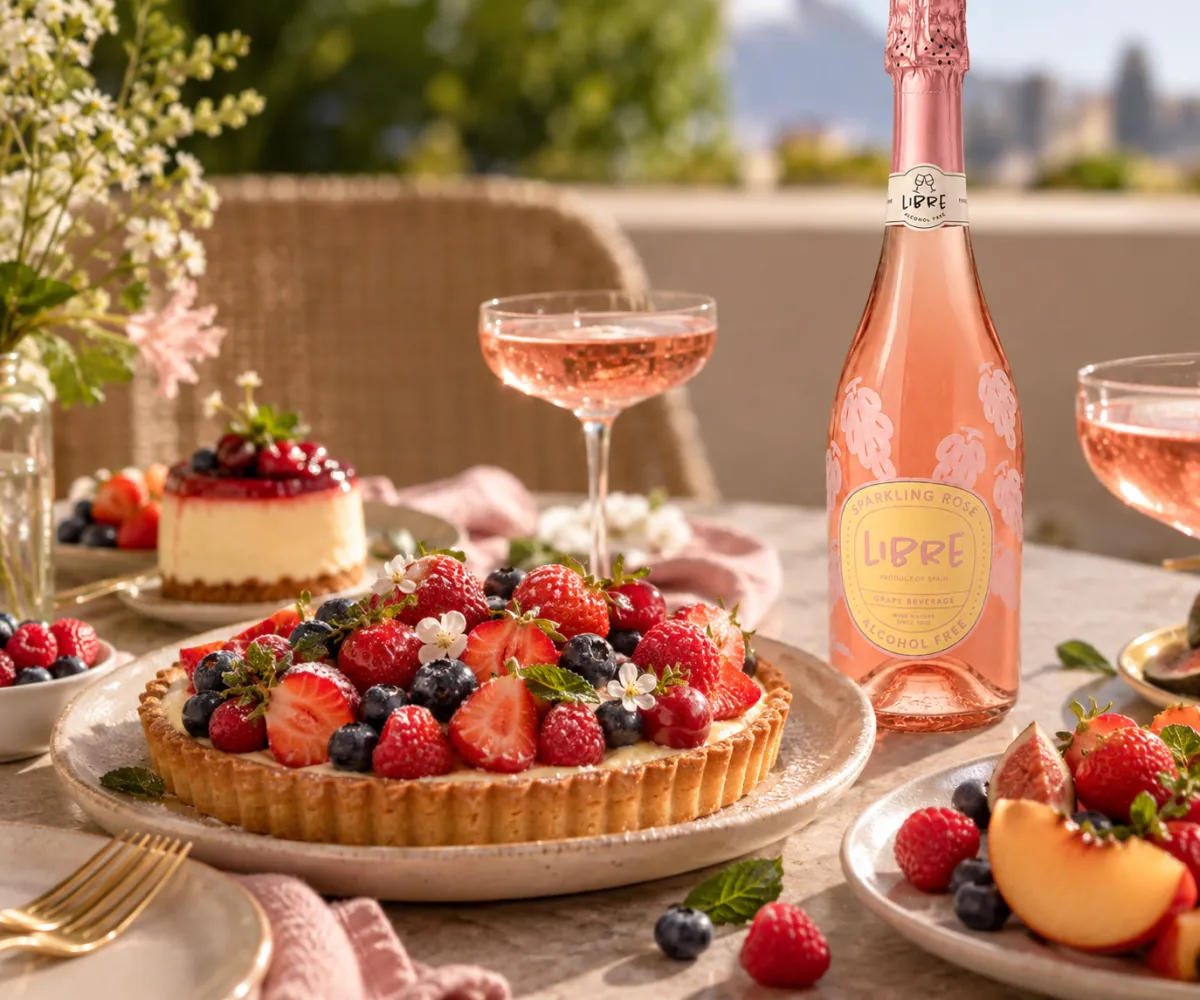 A berry tart and a cheesecake on an outdoor table in low sun