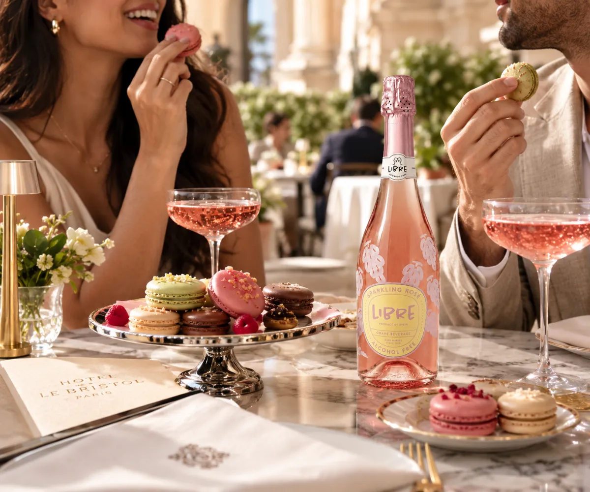 A tiered stand of macarons shared between two people at a terrace table