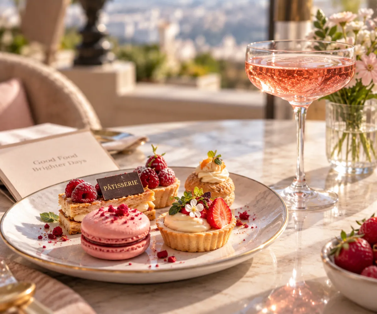 A pâtisserie plate of macarons, mille-feuille and fruit tartlets