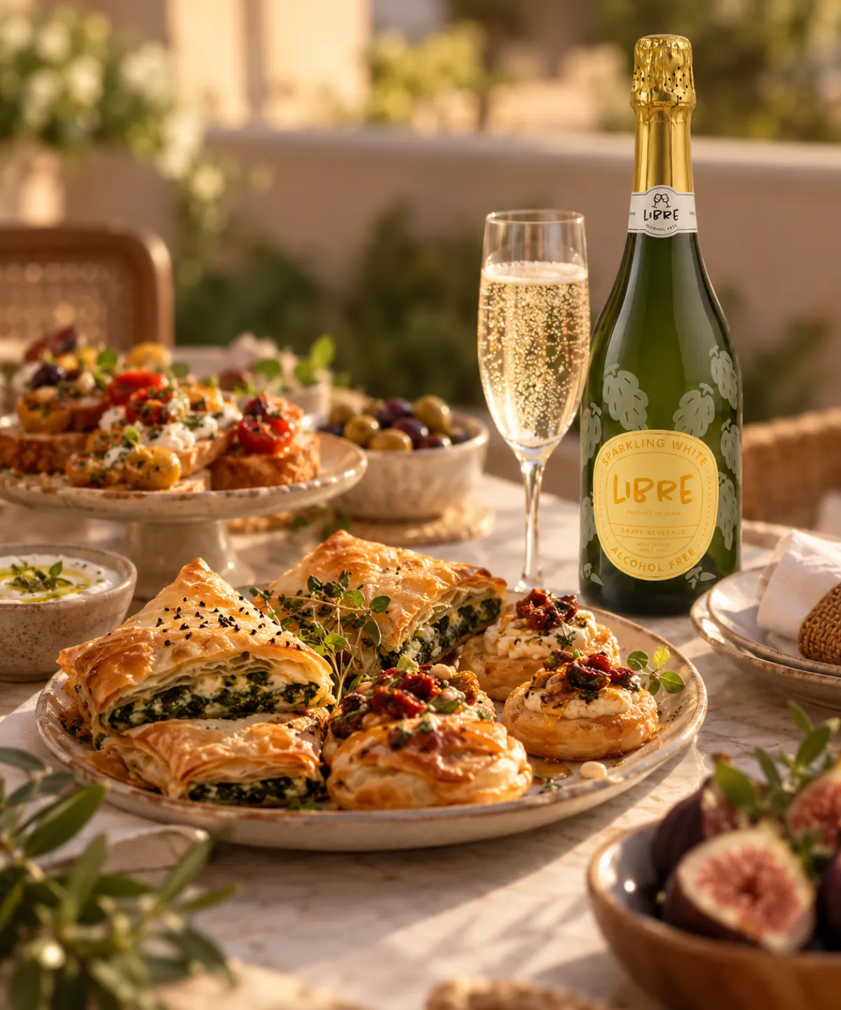 Filo pastries, savoury tarts, olives and figs on a sunlit table