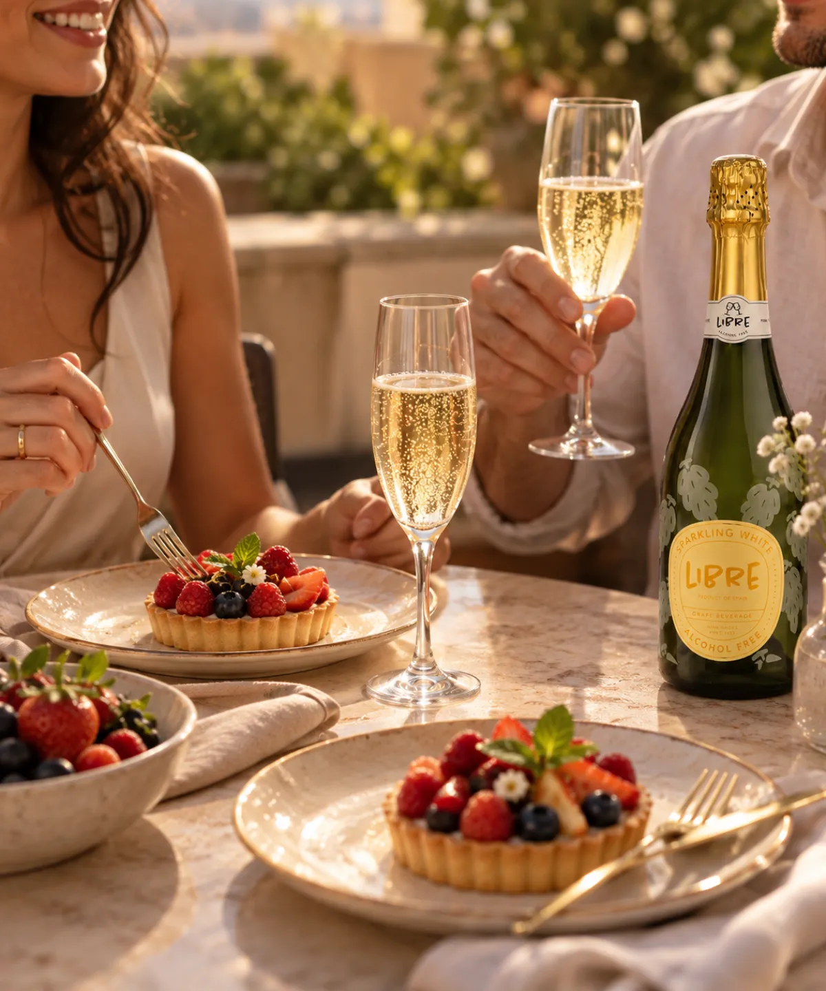 Berry-topped tarts served between two people raising glasses