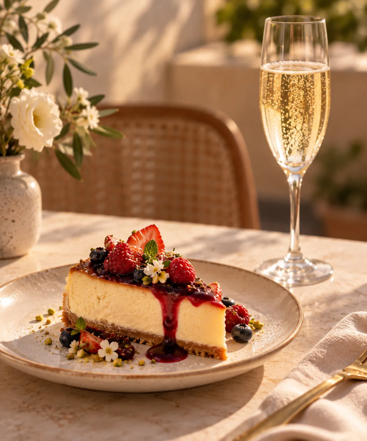 A slice of berry-topped cheesecake beside a filled flute