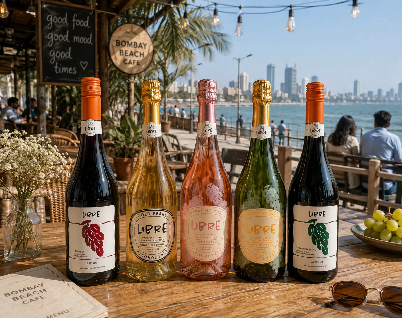 The full LIBRE range on a café table by the sea, string lights overhead.