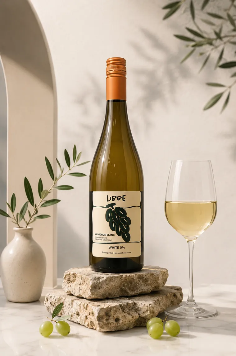 LIBRE Sauvignon Blanc with a filled glass, stones and an olive branch.