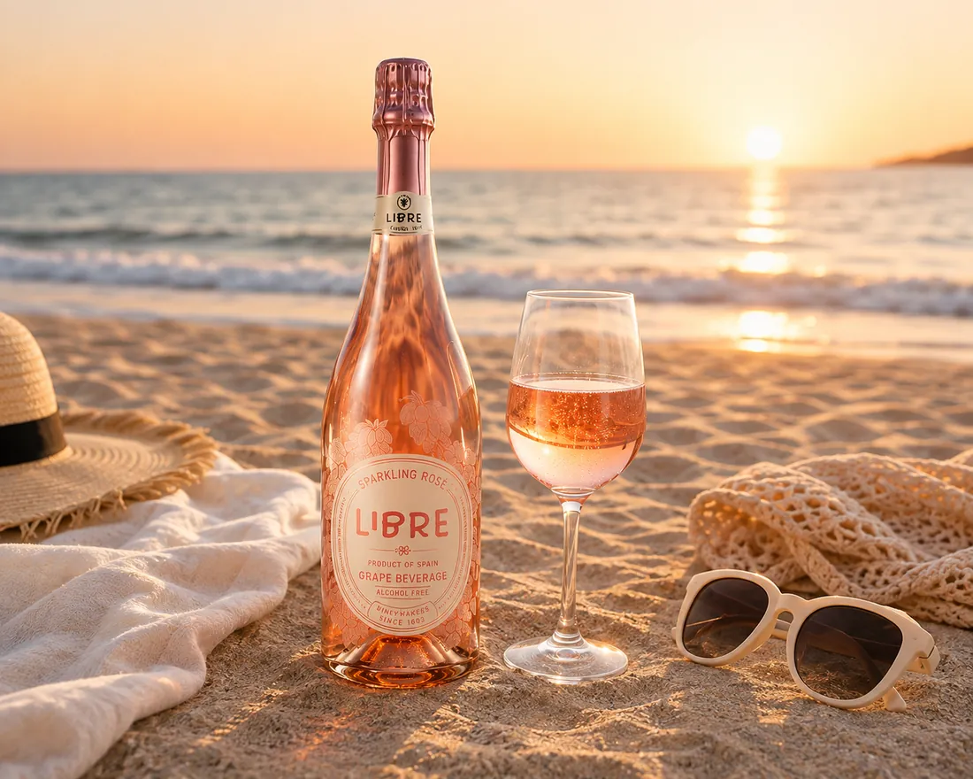 LIBRE Sparkling Rosé on sand at sunset, a filled glass beside it.