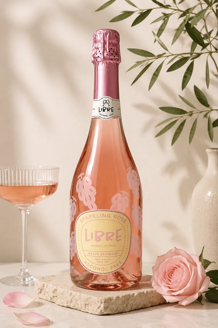 LIBRE Sparkling Rosé beside a coupe glass and a single rose.