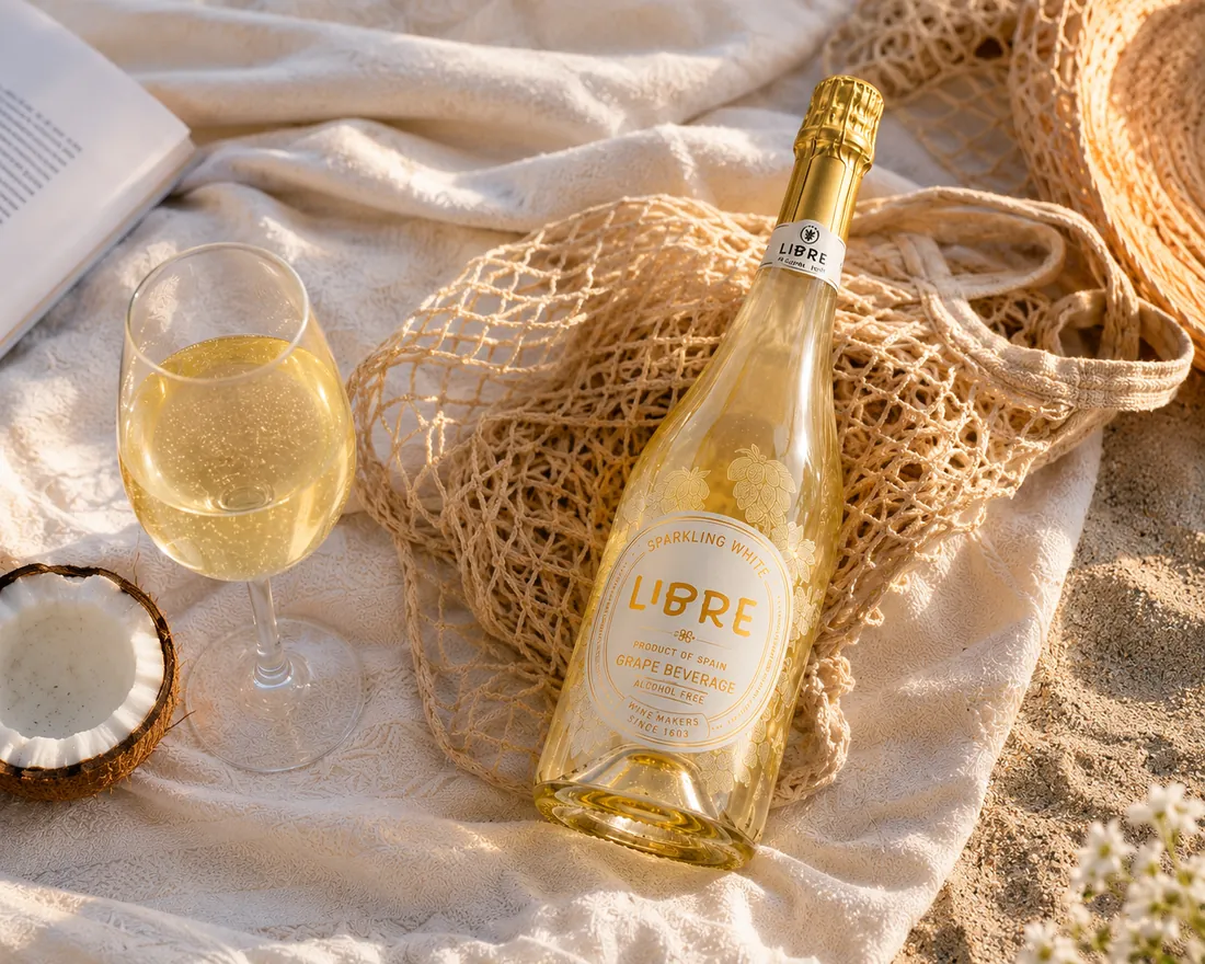 LIBRE Sparkling White in a net bag on a blanket, glass alongside.