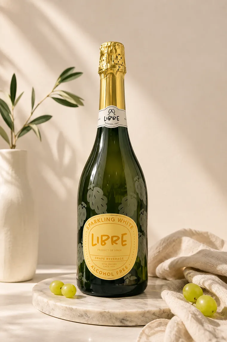 LIBRE Sparkling White with an olive branch and grapes.